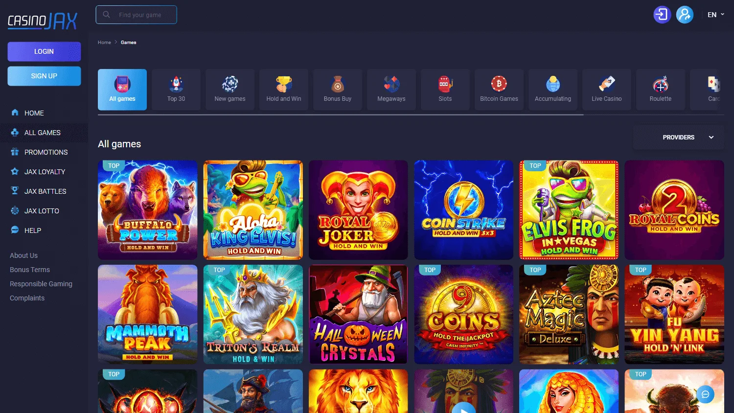 Casino Jax desktop games area with pokies and casino categories