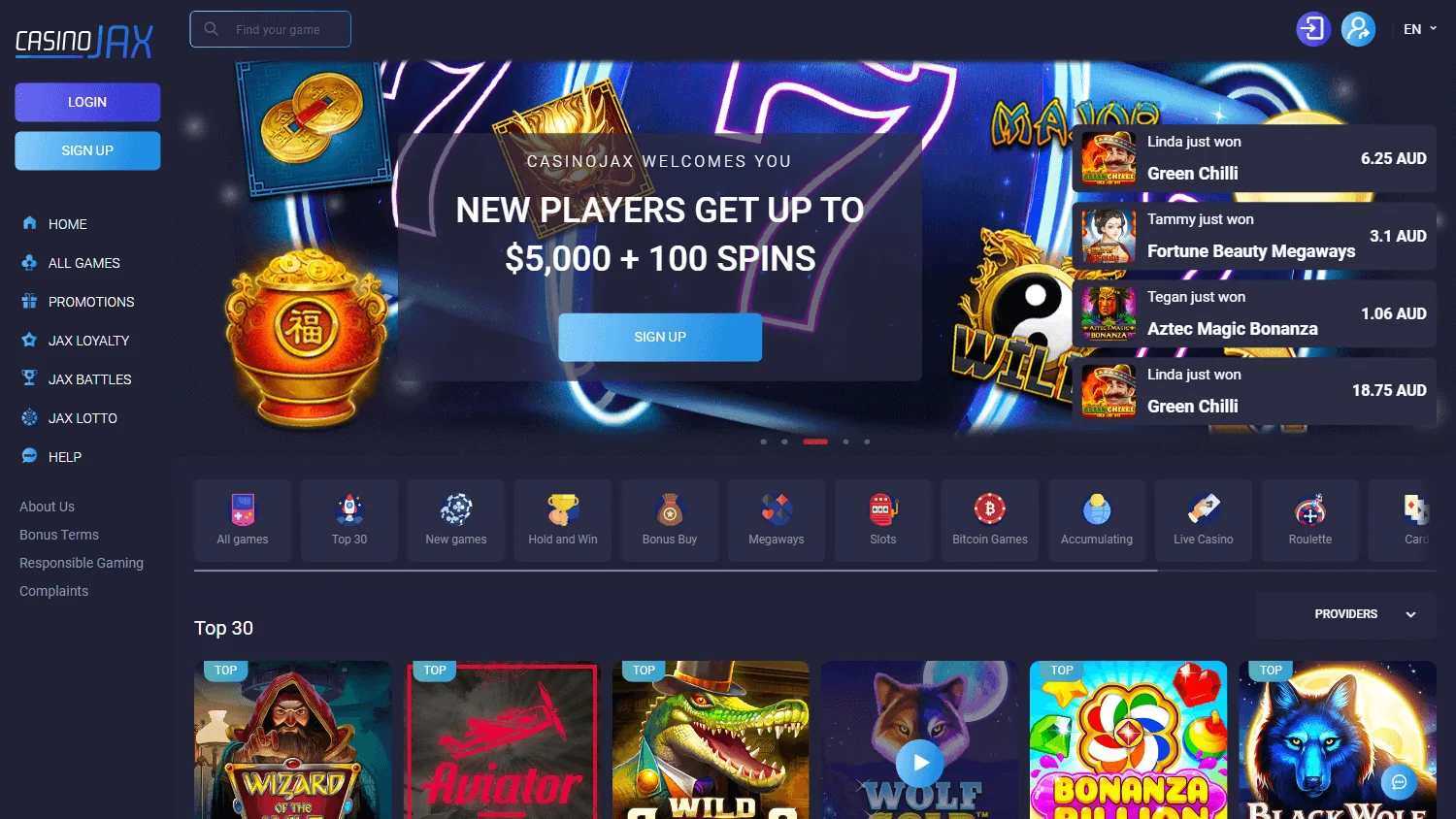 Casino Jax desktop casino home with casino offers and game access