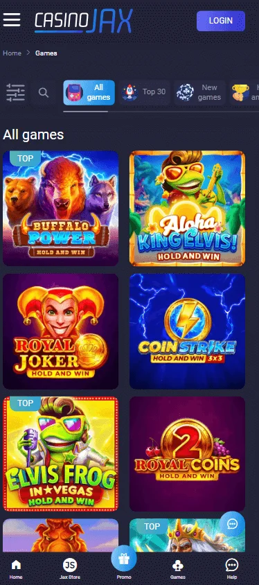Casino Jax mobile browser games area with pokies and casino categories
