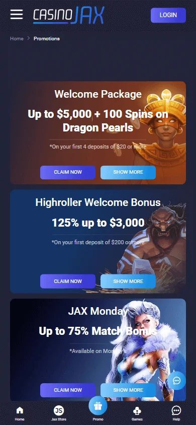 Casino Jax mobile browser promotions area with deposit offers and free spins