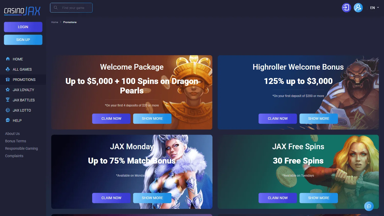 Casino Jax desktop promotions area with bonus offers and tournaments